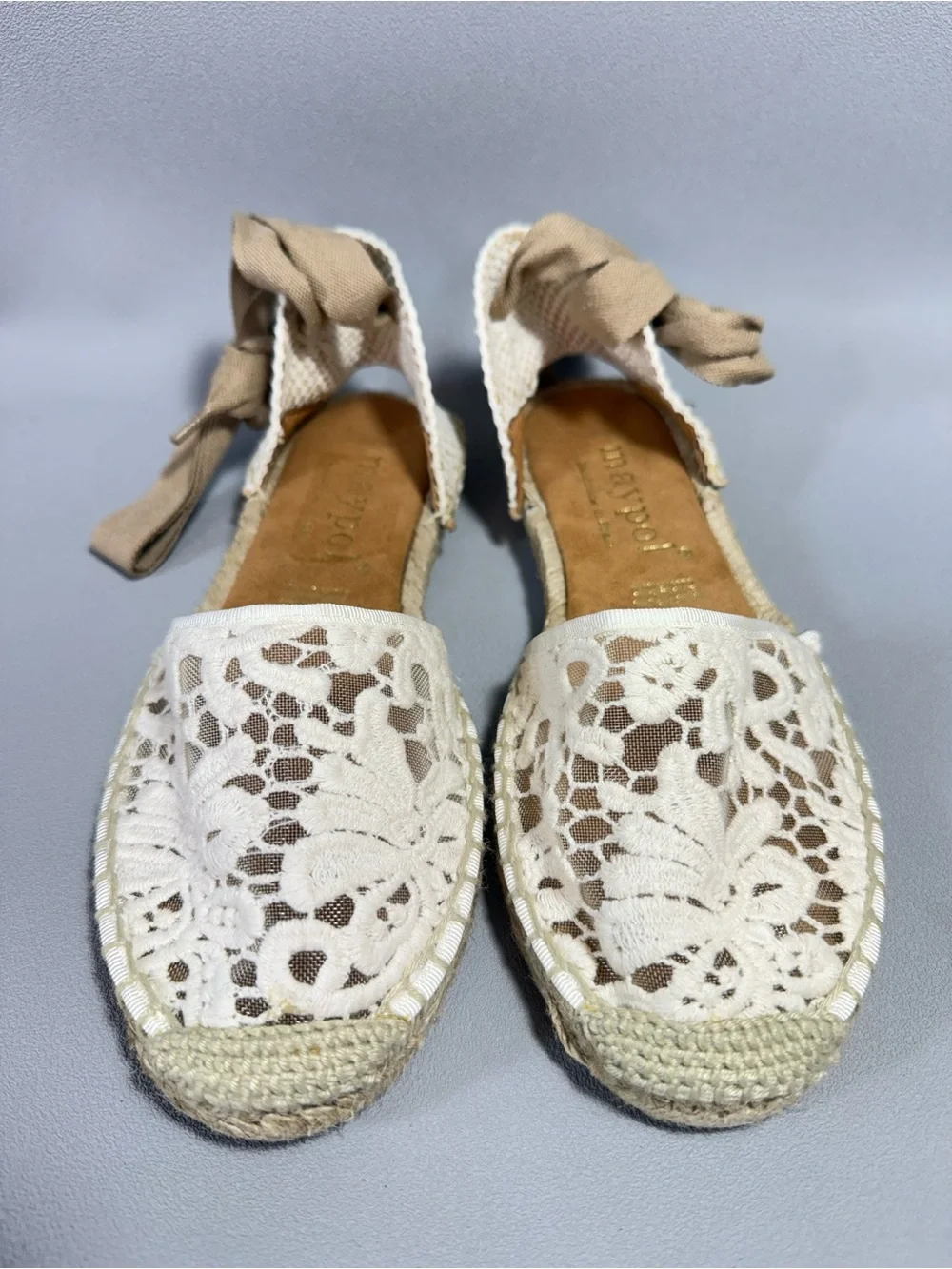 MAYPOL Anthropologie Cream Crochet Lace Ankle Tie Espadrille Flats